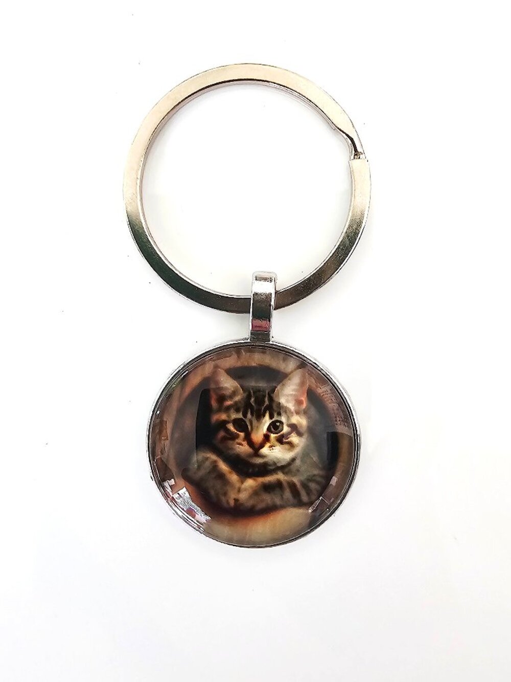 Cute Kitten Cat Keychain Tabby Kitty Glass Dome Silver Tone Key Ring Gift